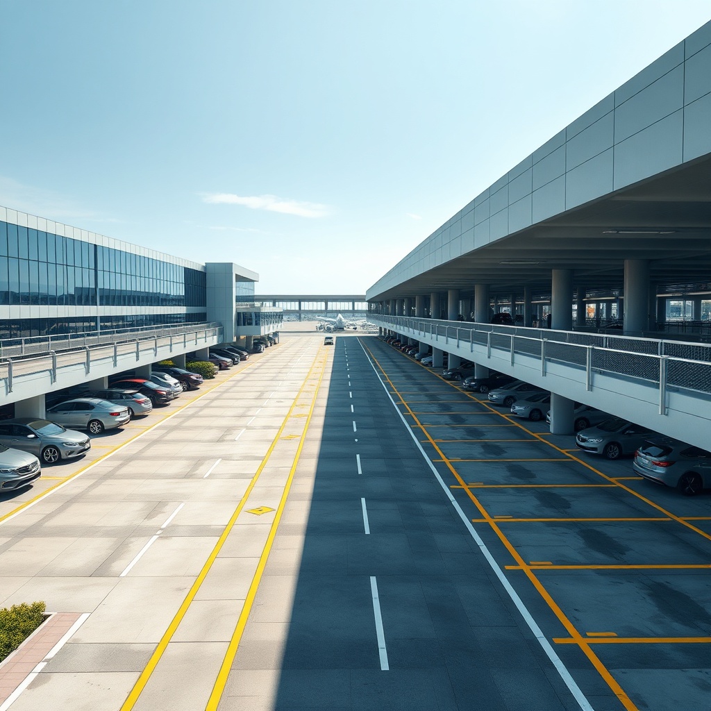 Espace de parking aéroport Casablanca organisé et sécurisé à proximité immédiate du terminal avec signalétique officielle et circulation fluide