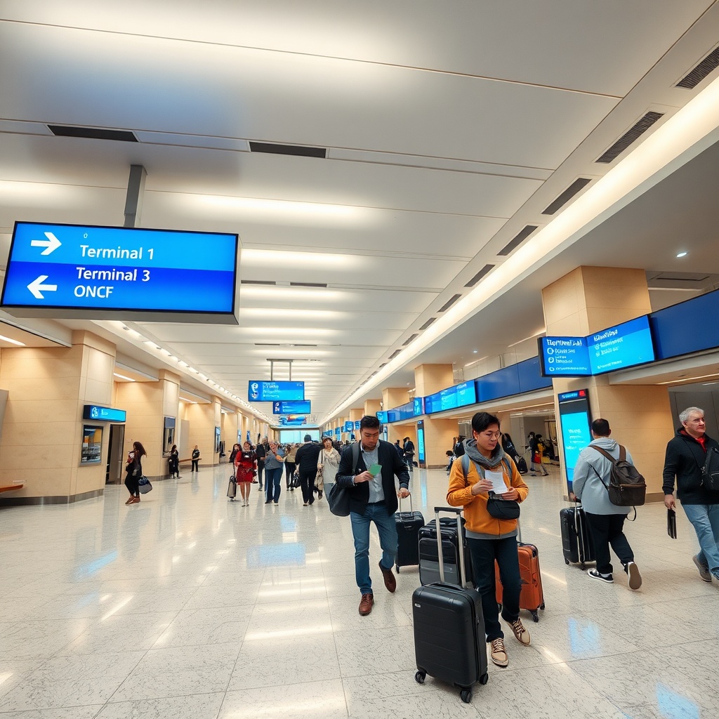 Hall d'arrivée lumineux de l'aéroport CMN avec une signalétique intuitive pour les correspondances et les navettes, une ressource visuelle idéale pour compléter votre guide aéroport casablanca.