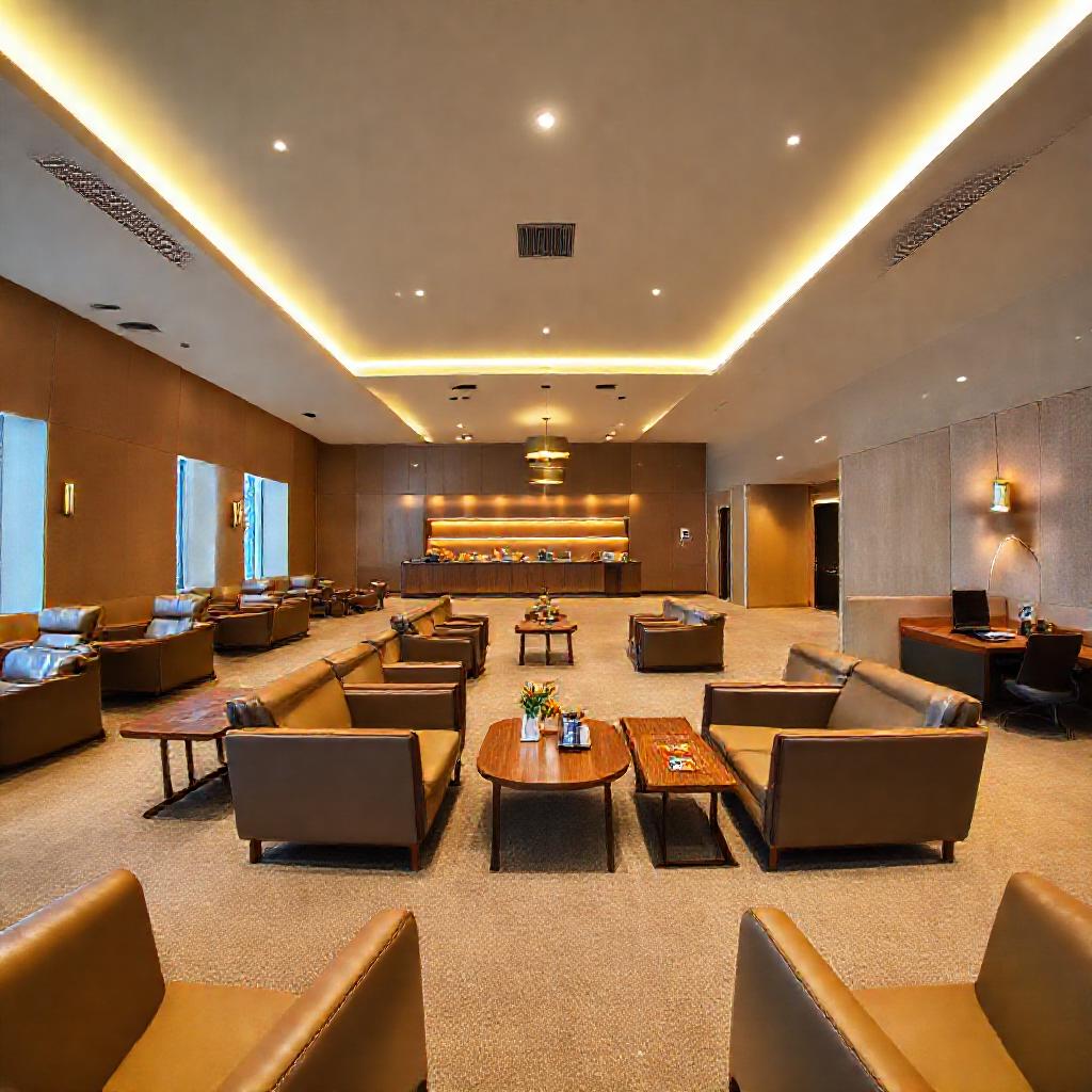 Intérieur apaisant du salon VIP avec fauteuils inclinables, espace travail et restauration gratuite démontrant les avantages de l'accès salon lounge aéroport casa premium avant le vol.