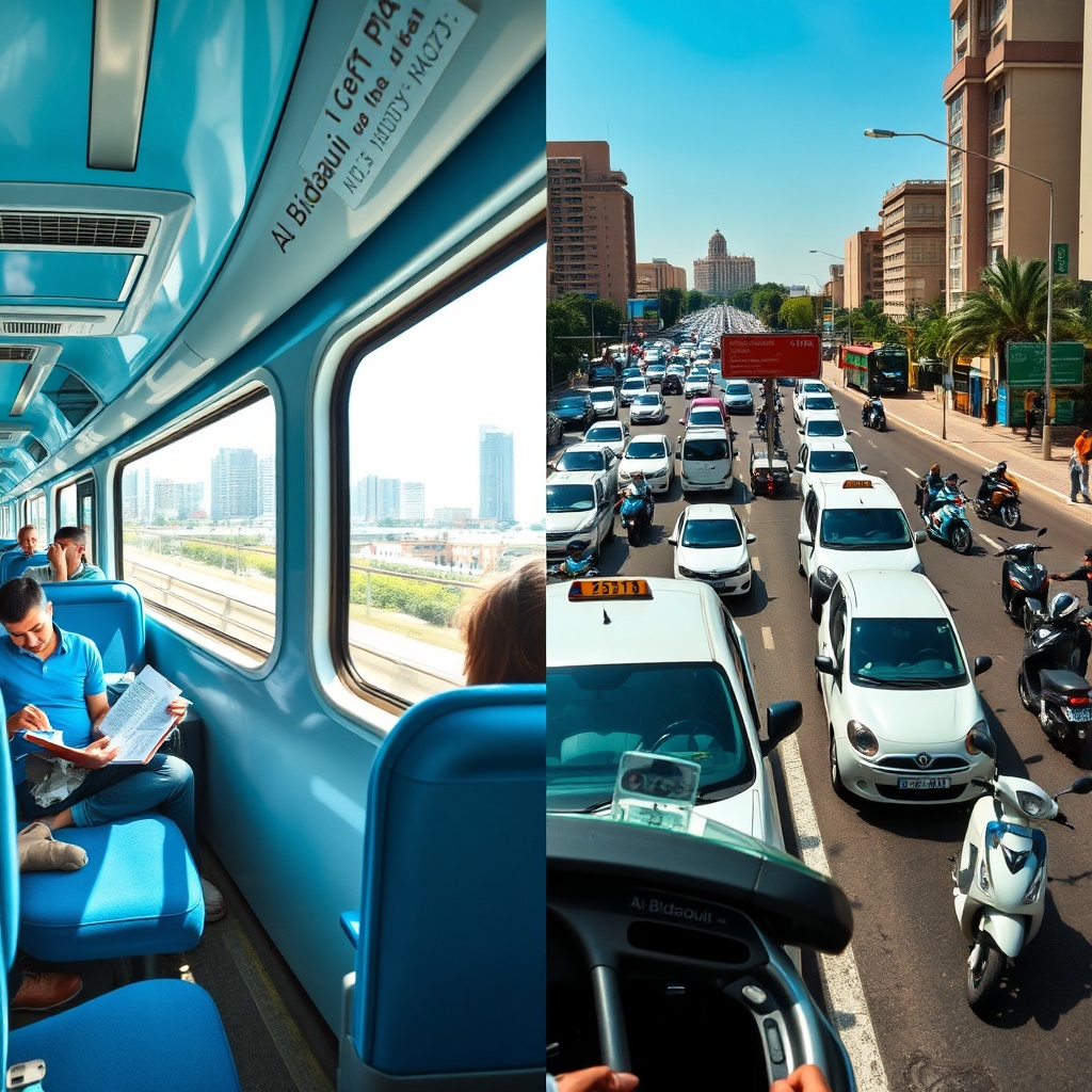 Casablanca train vs taxi travel experience: comfortable Al Bidaoui train interior versus taxi stuck in traffic congestion