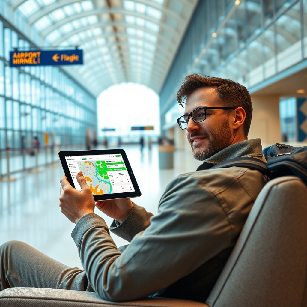 Voyageur comparant en ligne les offres de stationnement et vérifiant le prix parking aéroport Casablanca sur une tablette avant son départ.