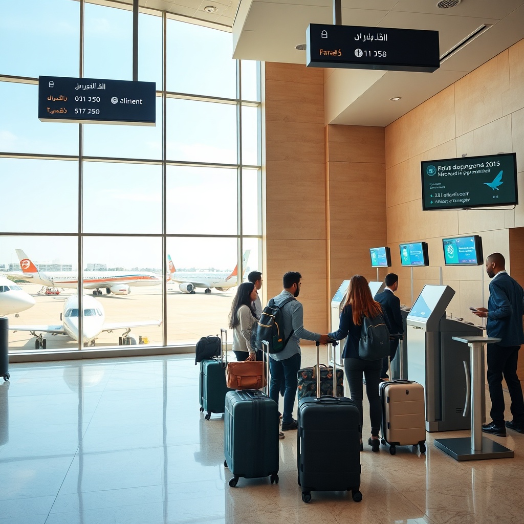 Intérieur d’un aéroport marocain dédié aux vols intérieurs, où les passagers complètent les formalités de sécurité et préparent leurs bagages avant l’embarquement.