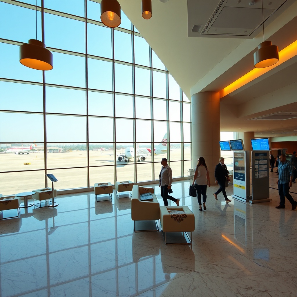 Intérieur lumineux du terminal de l'aéroport TNG offrant une vue directe sur les avions en escale, soulignant son rôle de plaque tournante stratégique pour les vols domestiques et internationaux.