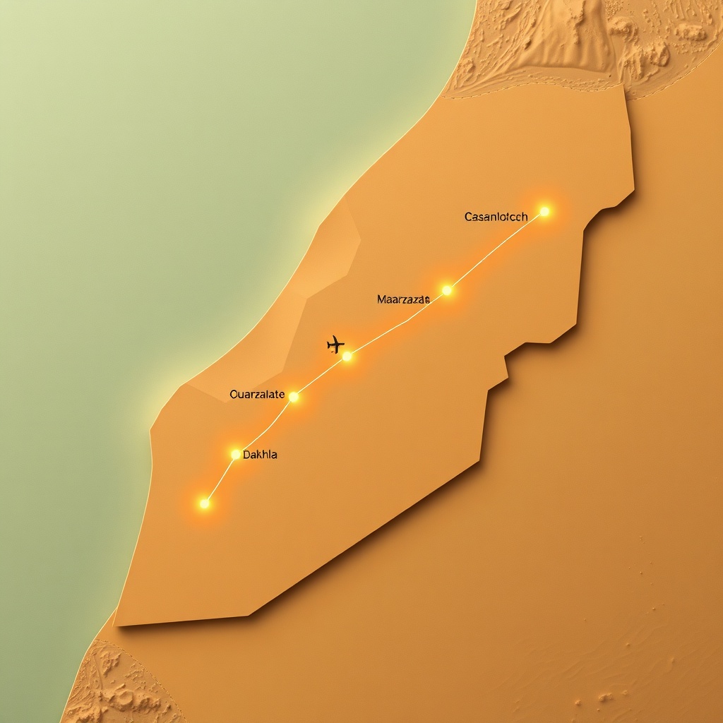 Carte visuelle du réseau de transport aérien domestique au Maroc, mettant en évidence la couverture nationale et l'efficacité du vol interne maroc vers des destinations stratégiques comme Dakhla ou Ouarzazate.