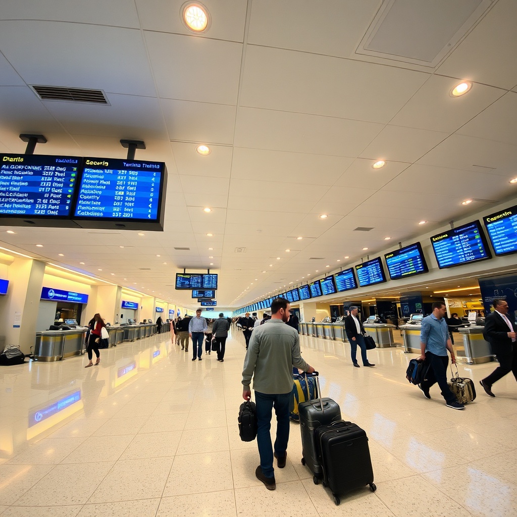 Hall d'enregistrement intérieur du Terminal 2 de l'aéroport Mohammed V à Casablanca, avec ses comptoirs compagnies aériennes, écrans d'information de vol et signalétique claire pour faciliter la navigation des passagers.