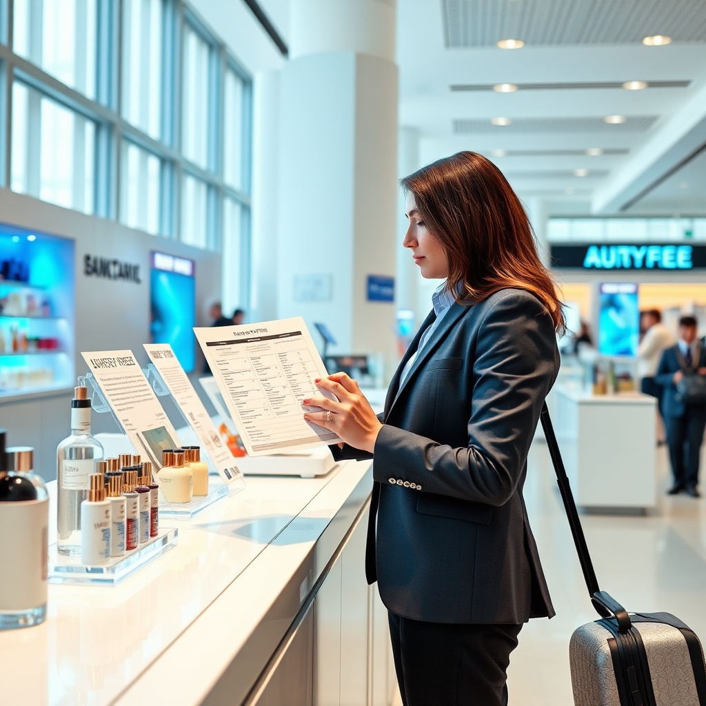 Traveler comparing prices and duty free casa savings tags at an airport checkout counter for smarter tax-free shopping