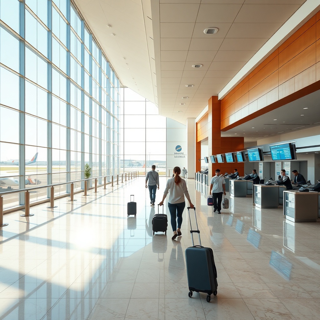 Intérieur lumineux du terminal de l'aéroport CMN montrant des voyageurs en transit vers les comptoirs de départ, soulignant la fluidité des correspondances internationales et le confort offert par ce hub marocain.