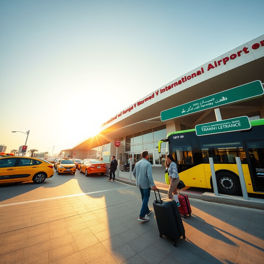Zone de transfert à l'aéroport Casablanca arrivées : taxis agréés, arrêts de bus et accès au train intégrés pour un départ sécurisé vers Casablanca.