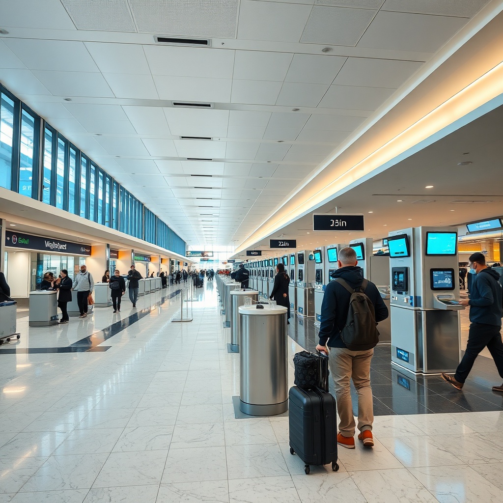 Espace intérieur moderne de l'aéroport Casablanca départ, illustrant les étapes clés d'enregistrement et de contrôle de sécurité pour les passagers.
