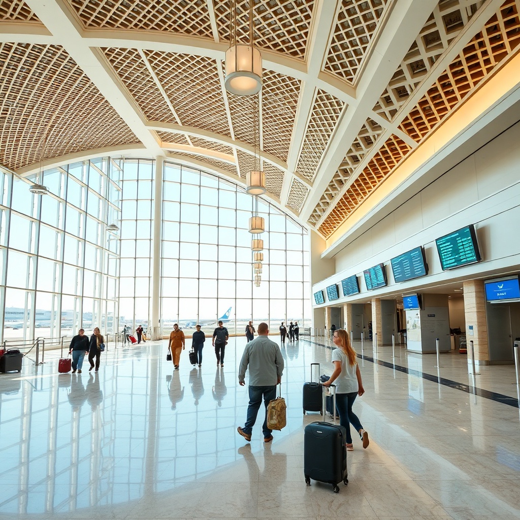 Hall de départ intérieur de l'aéroport de Casablanca offrant un espace organisé avec écrans d'information et accès aux transports urbains.
