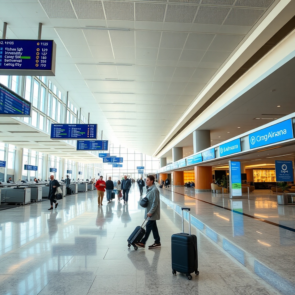 Spacious departure hall inside Casablanca Terminal 2, featuring modern check-in counters, digital flight boards, and convenient passenger amenities at Mohammed V Airport.