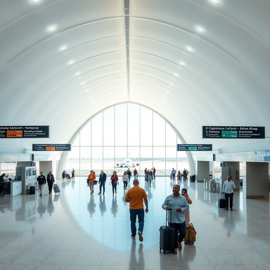 Interior of Casablanca Airport departure hall displaying check-in counters, passenger services, and efficient terminal navigation for travelers