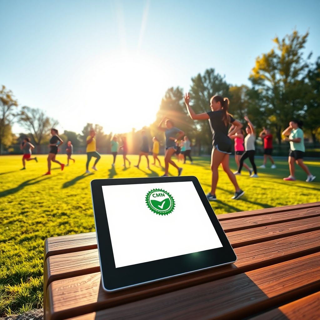 Attestation numérique du certificat médical CMN affichée sur une tablette dans un environnement sportif, illustrant la validation administrative nécessaire pour les compétitions et clubs français.