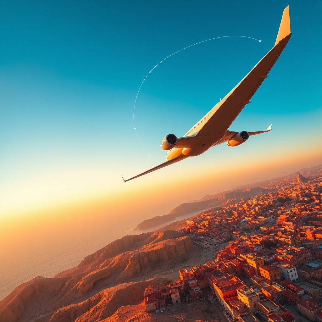 Vue aérienne d’un avion de ligne assurant un vol interne au Maroc, reliant rapidement les grandes destinations nationales comme Casablanca, Marrakech et Fès.