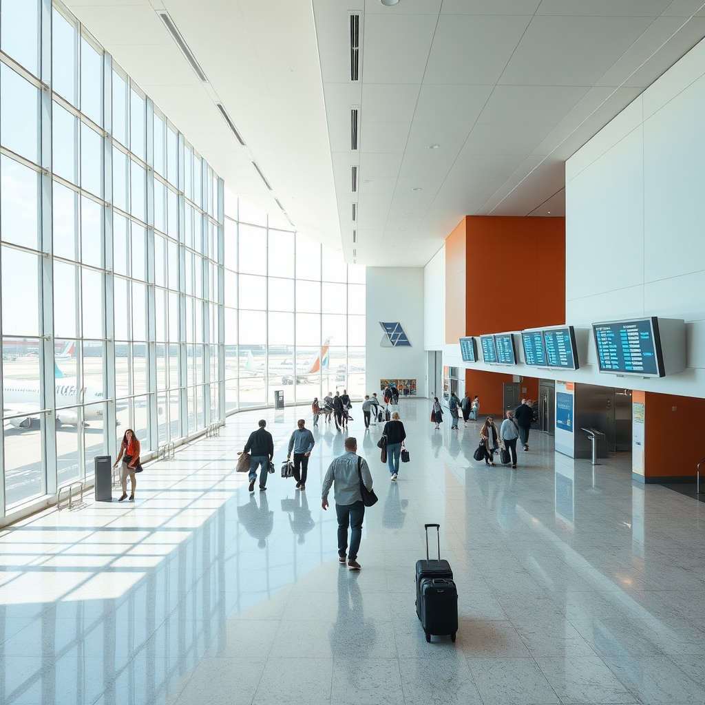 Modern interior of casablanca airport departure terminal with travelers navigating digital wayfinding and check-in areas