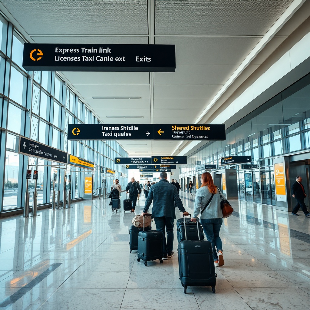 Travelers following directional signs toward the train station and official taxi queue at Casablanca airport
