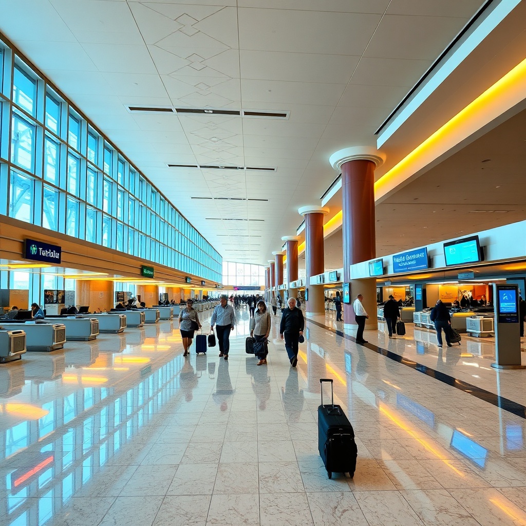 Hall de départ lumineux de l'aéroport CMN, présentant les zones d'enregistrement modernes, les signalisations claires et les flux de passagers organisés vers les transports et salons.